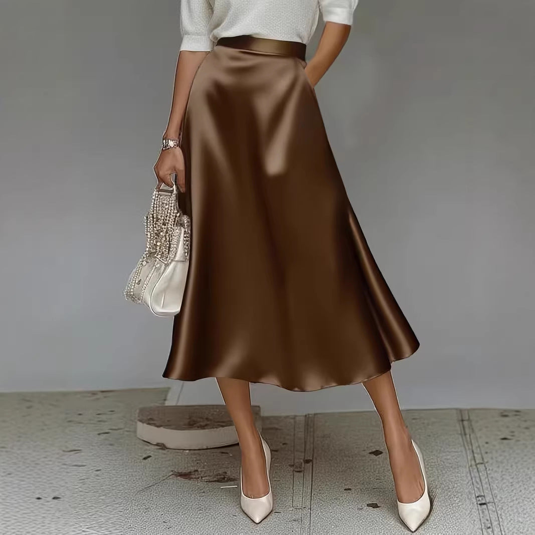 Women's Satin Mid-Length A-Line Skirt – High Rise Pull-On Style