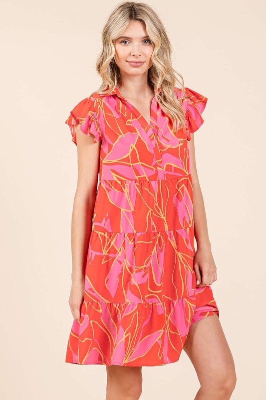 Leaf Print Ruffle Sleeve Tiered Mini Dress in Red, Pink, Orange