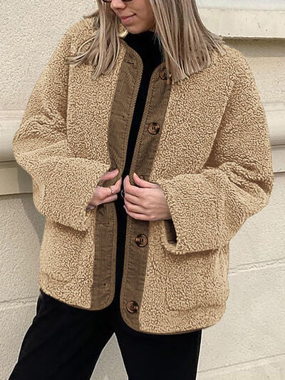 Women's Cozy Sherpa Fleece Button Up Jacket with Functional Pockets
