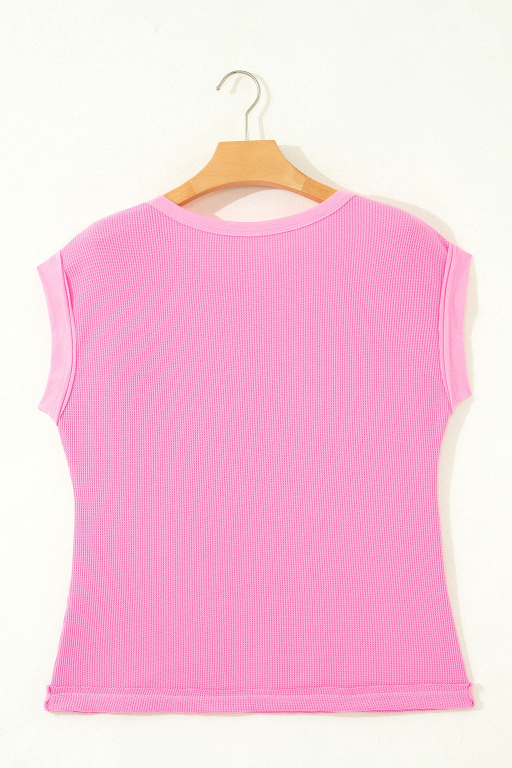 Waffle Patchwork Raw Seam Short Sleeve T-Shirt in Pink
