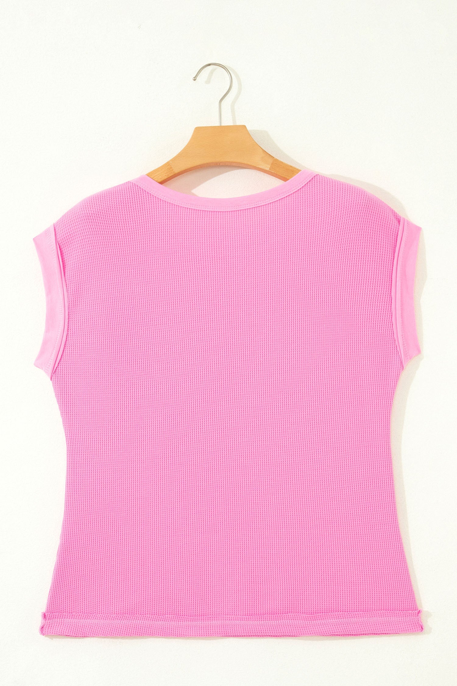 Waffle Patchwork Raw Seam Short Sleeve T-Shirt in Pink