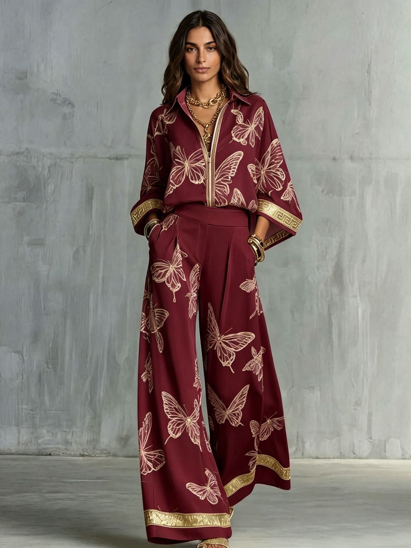 Deep V-Neck Zipper Top and Wide Leg Pants Two-Piece Set