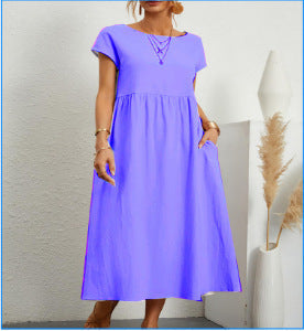 Cotton Blend Round Neck A-Line Skirt Dress