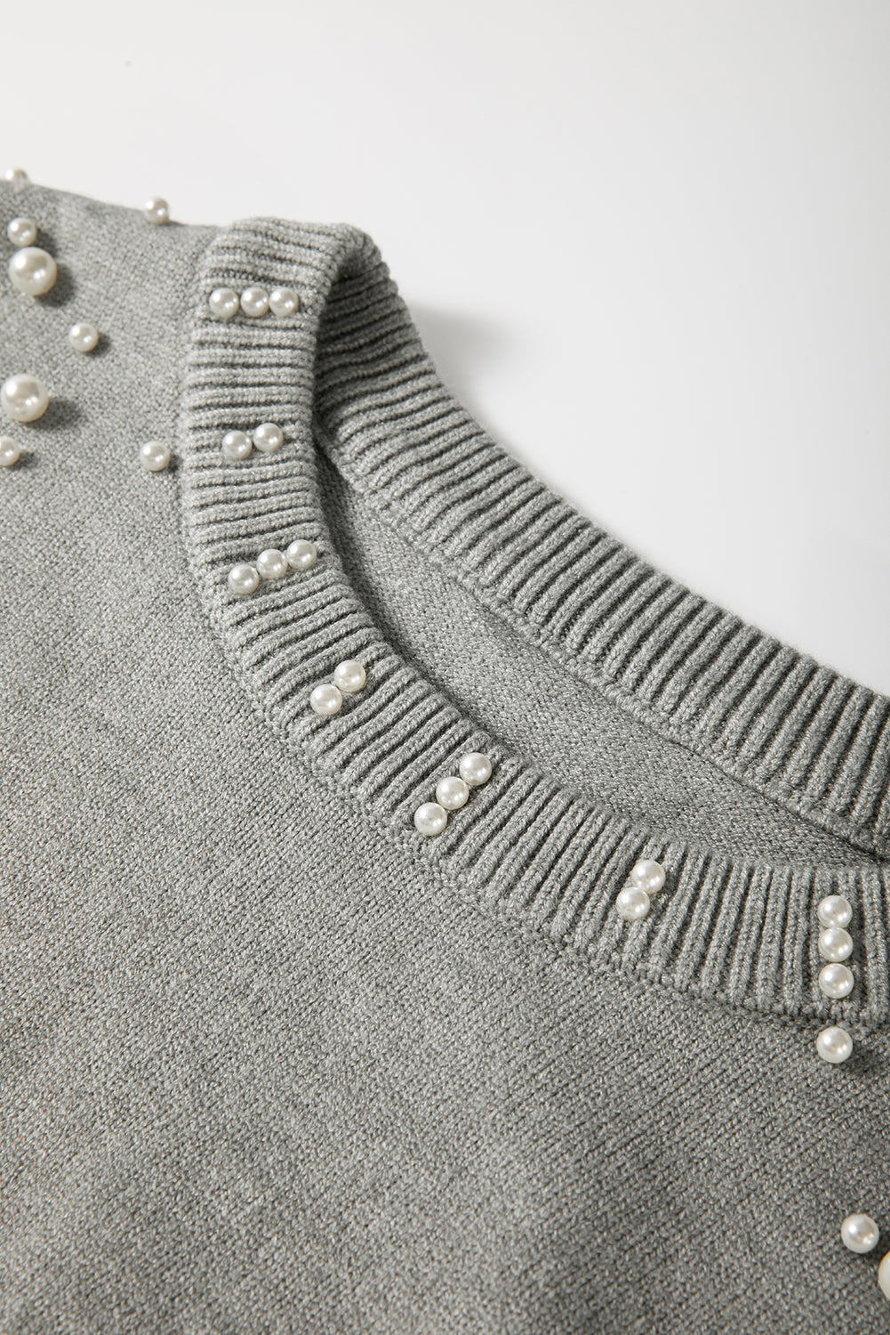 Solid Pearl Drop Shoulder Round Neck Sweater