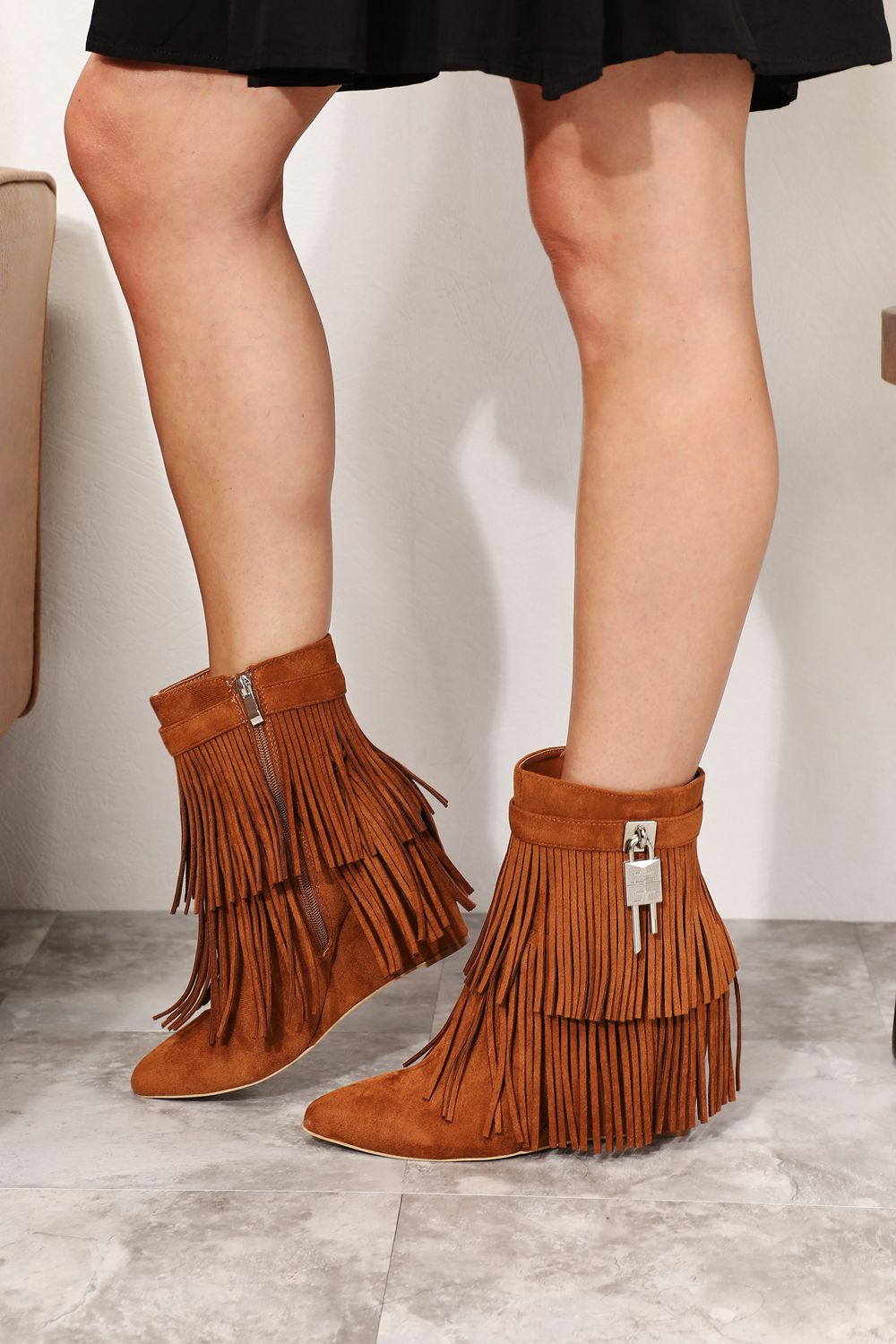 Women's Brown Tassel Wedge Ankle Booties Pointy Toe Vegan Suede