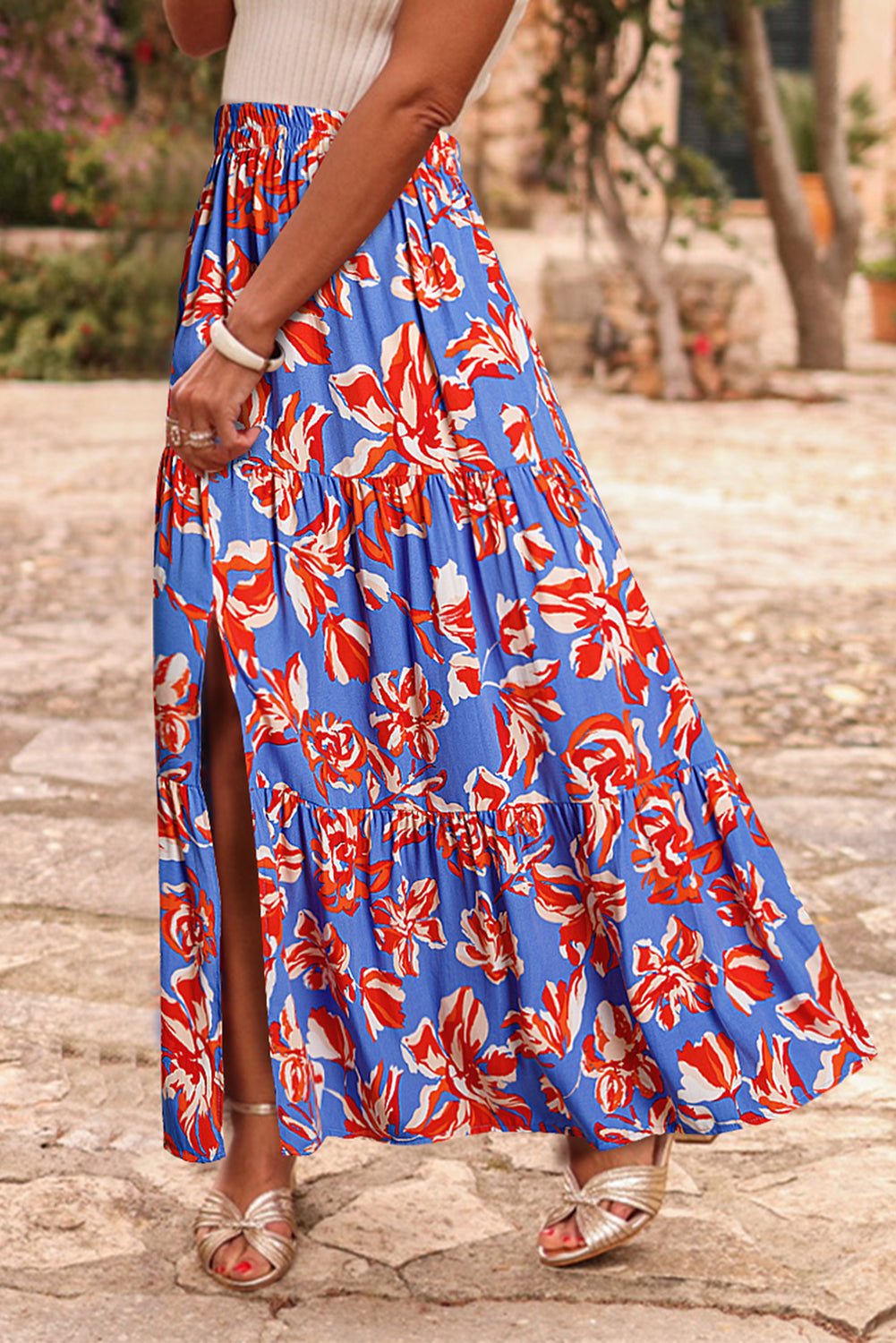 Blue Bohemian Floral Tiered Maxi Skirt with Side Split