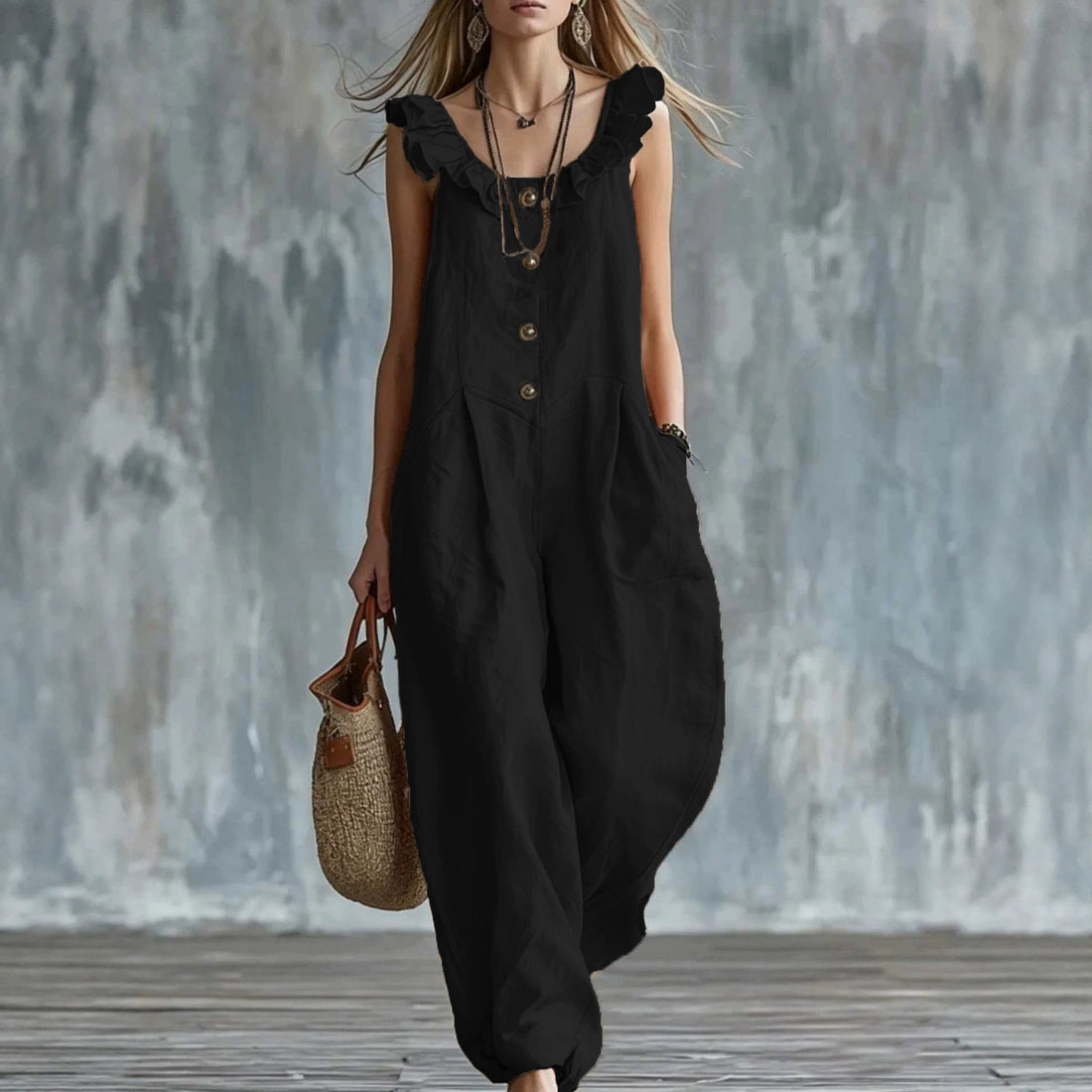 Women's Sleeveless Ruffled Button-Down Wide Leg Tank Jumpsuit - Image 4