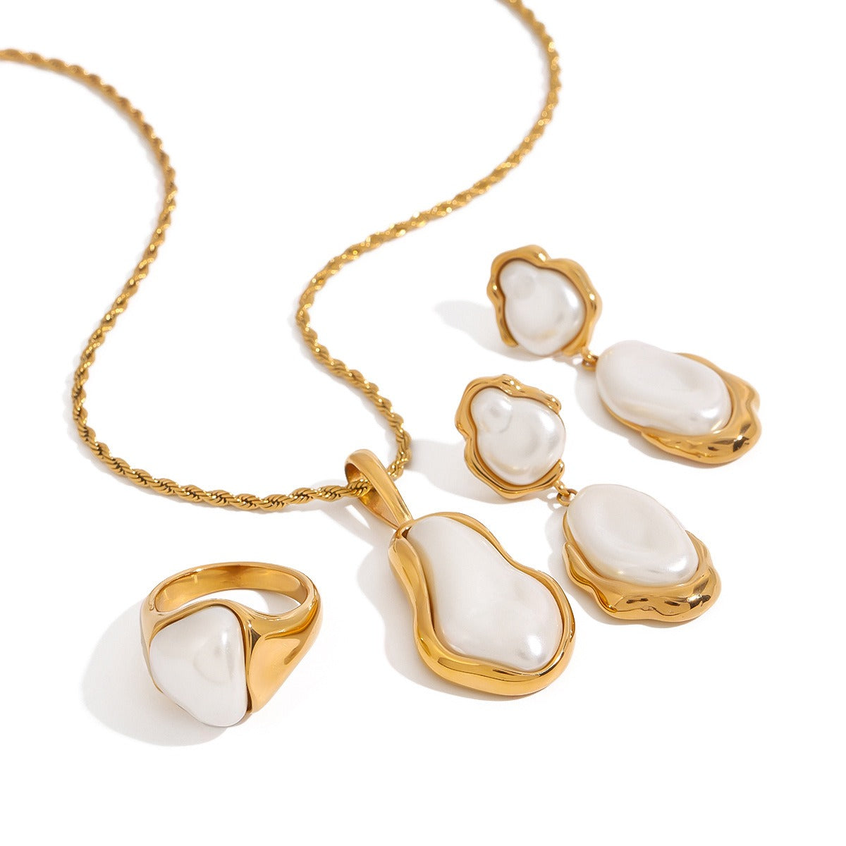 18K gold inlaid irregular pearl design light luxury fashion necklace earrings ring set