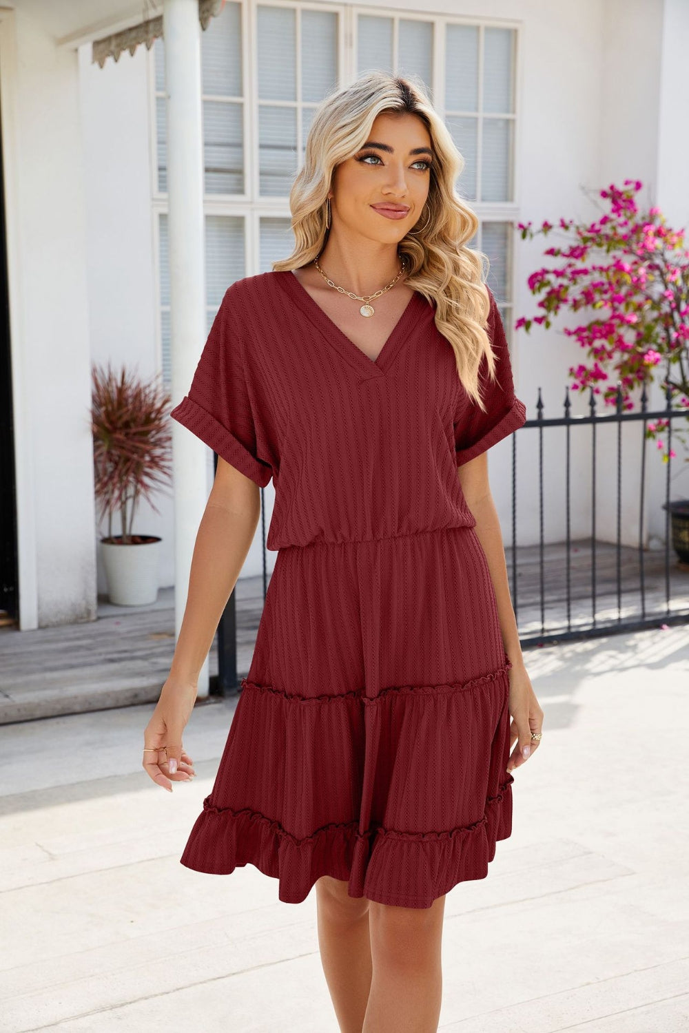 Tiered Mini Dress Short Sleeve Feminine Flowy Summer Casual Dress