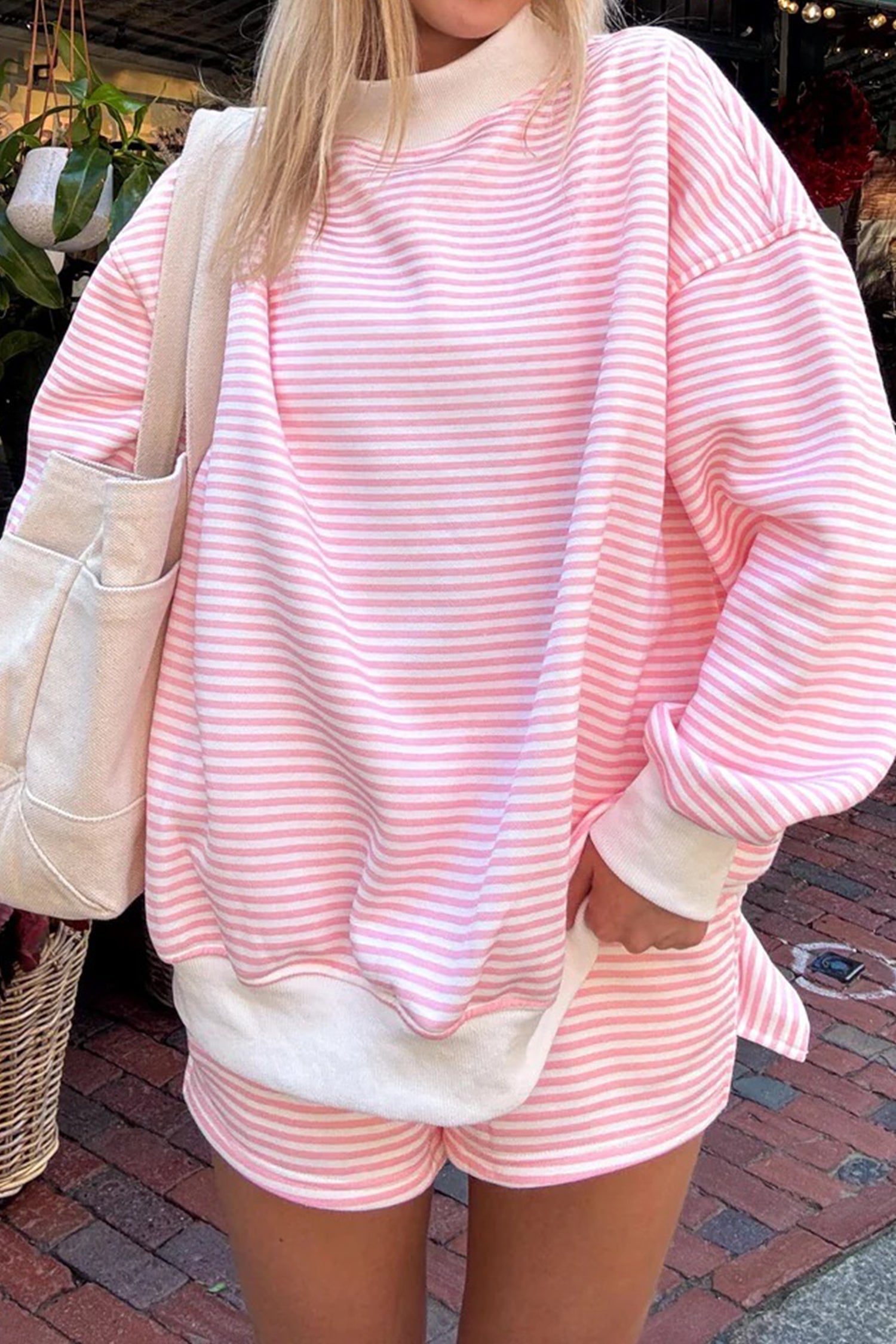 Pink Stripe Oversize Mock Neck Sweatshirt & Shorts Set