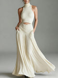 Women's Sleeveless High-Neck Top and Long A-Line Dress Set