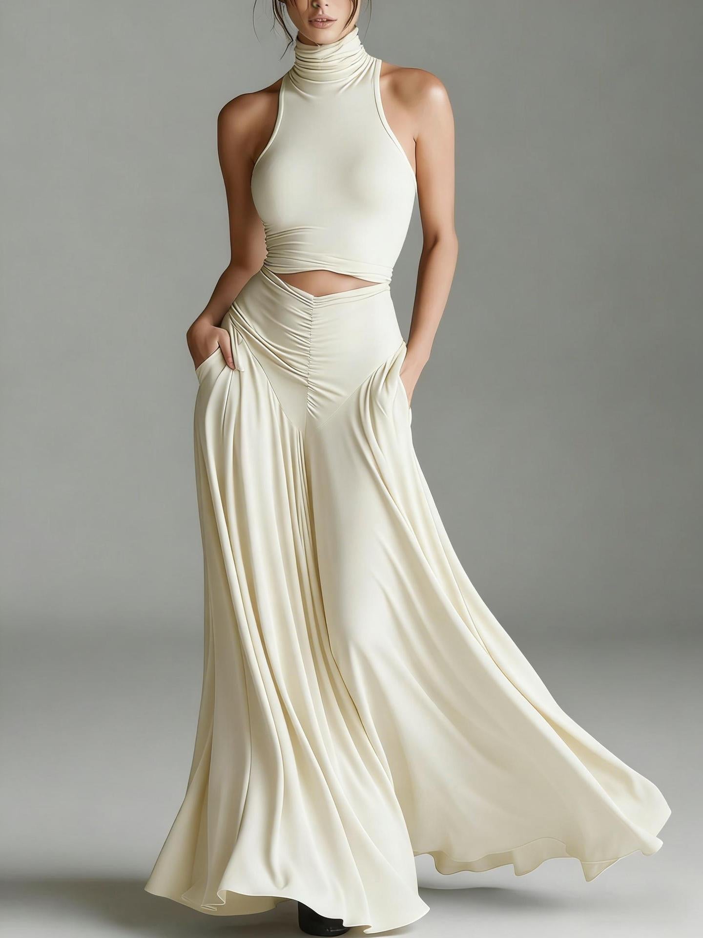 Women's Sleeveless High-Neck Top and Long A-Line Dress Set