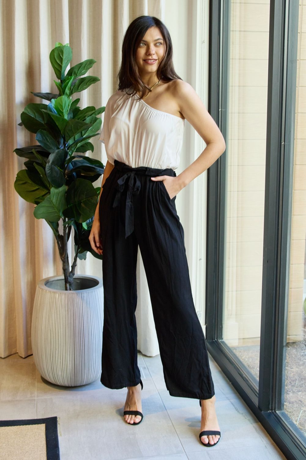 One-Shoulder Jumpsuit White Black Two-Tone Long Sleeve