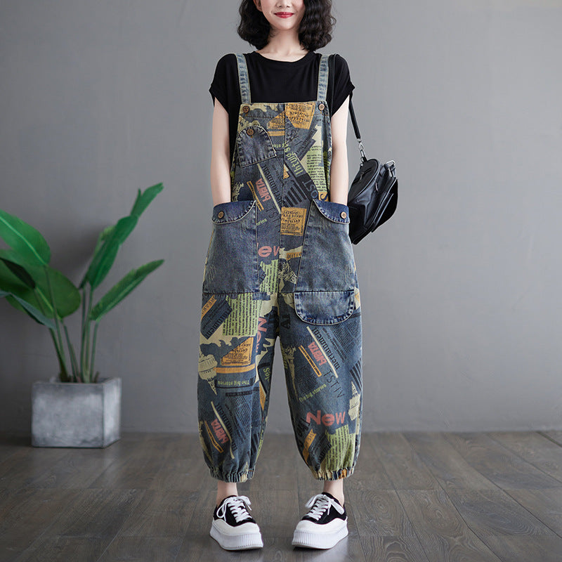 Women's Retro Artistic Print Denim Overalls Loose Fit - Image 2