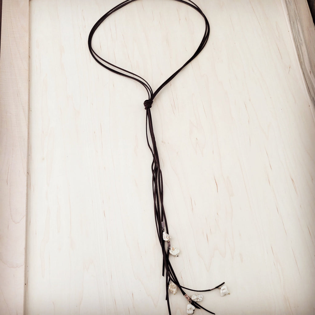 Dark Brown Rustic Leather Lasso Necklace with White Turquoise - Image 3