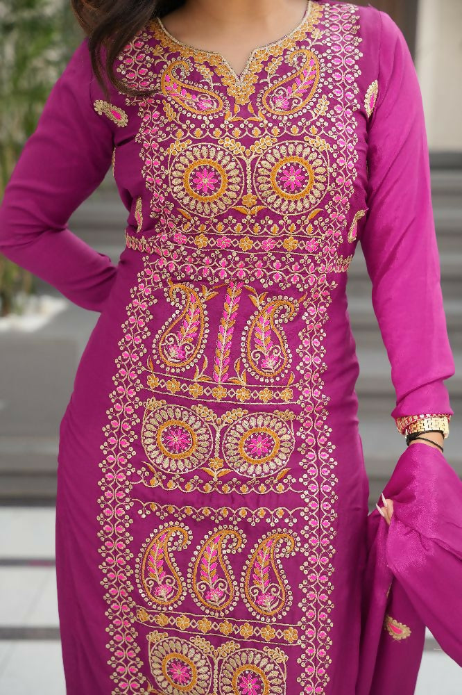 Magenta Silk Kurta Set with Sequins, Zari and Thread Embroidery