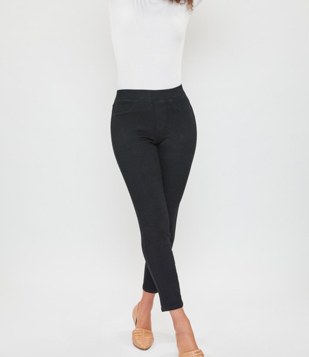 Petite high rise black jeggings with thick waistband and faux front pockets
