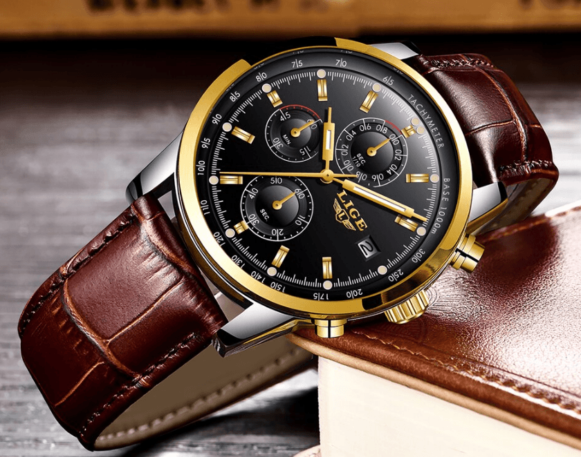 Waterproof Men's Quartz Watch with Chronometers and Brown Strap