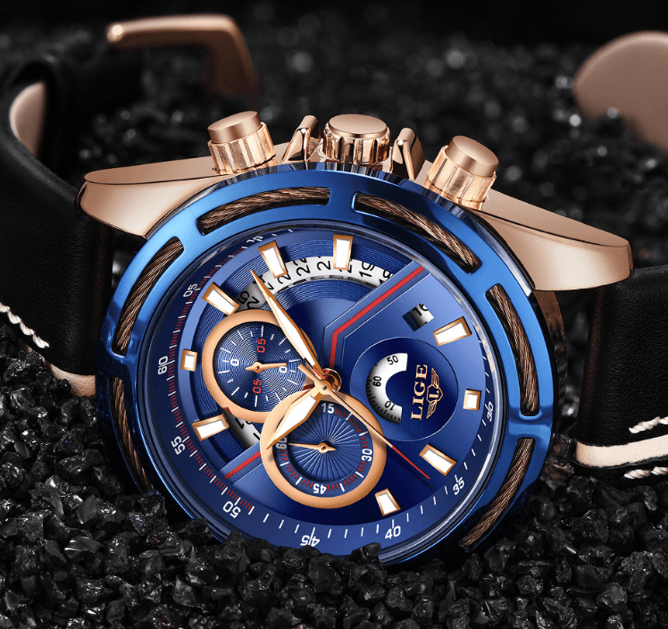 Men's Waterproof Chronograph Sports Watch with Leather Strap
