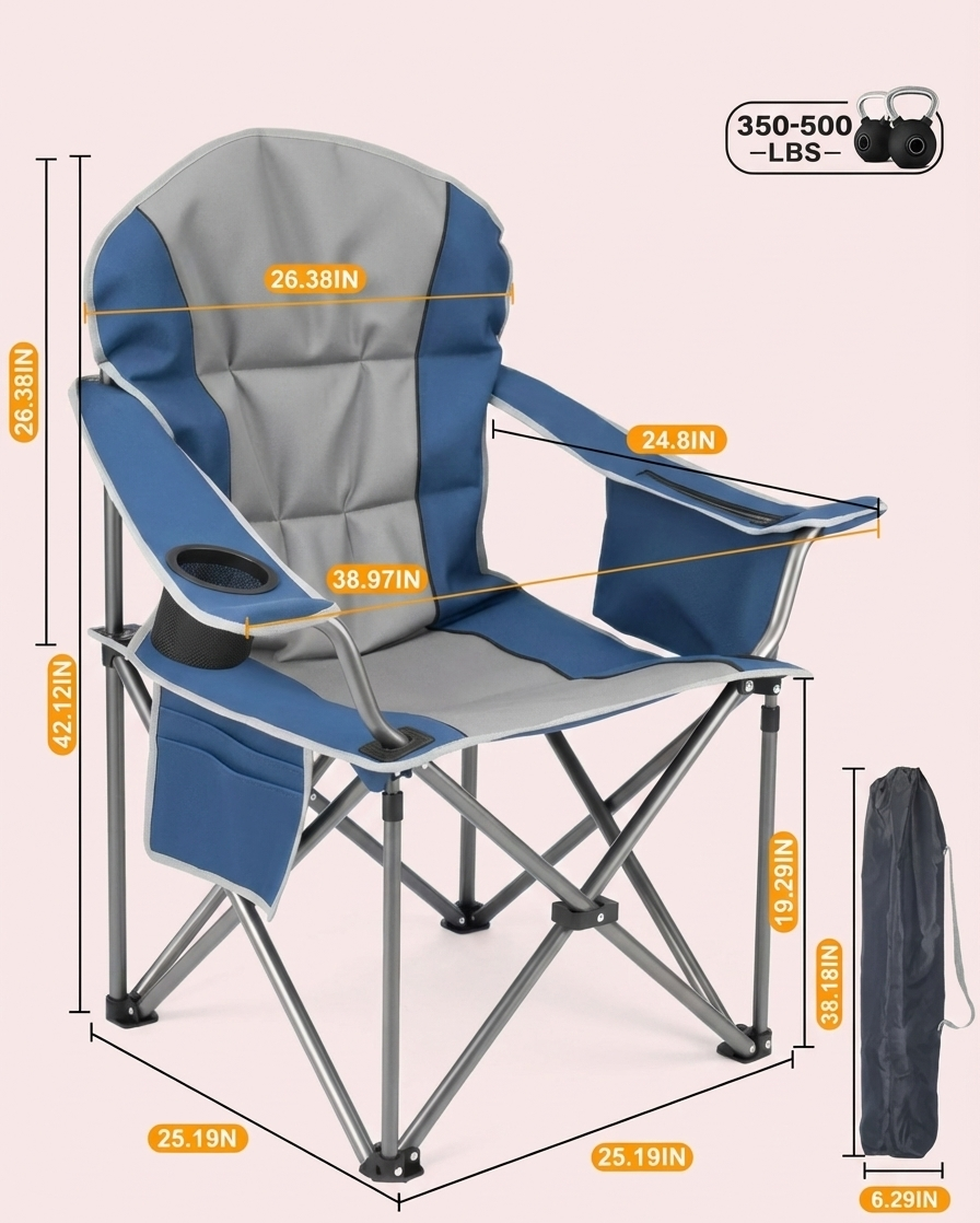 500 lbs Heavy Duty Folding Camping Chair with Cooler Bag
