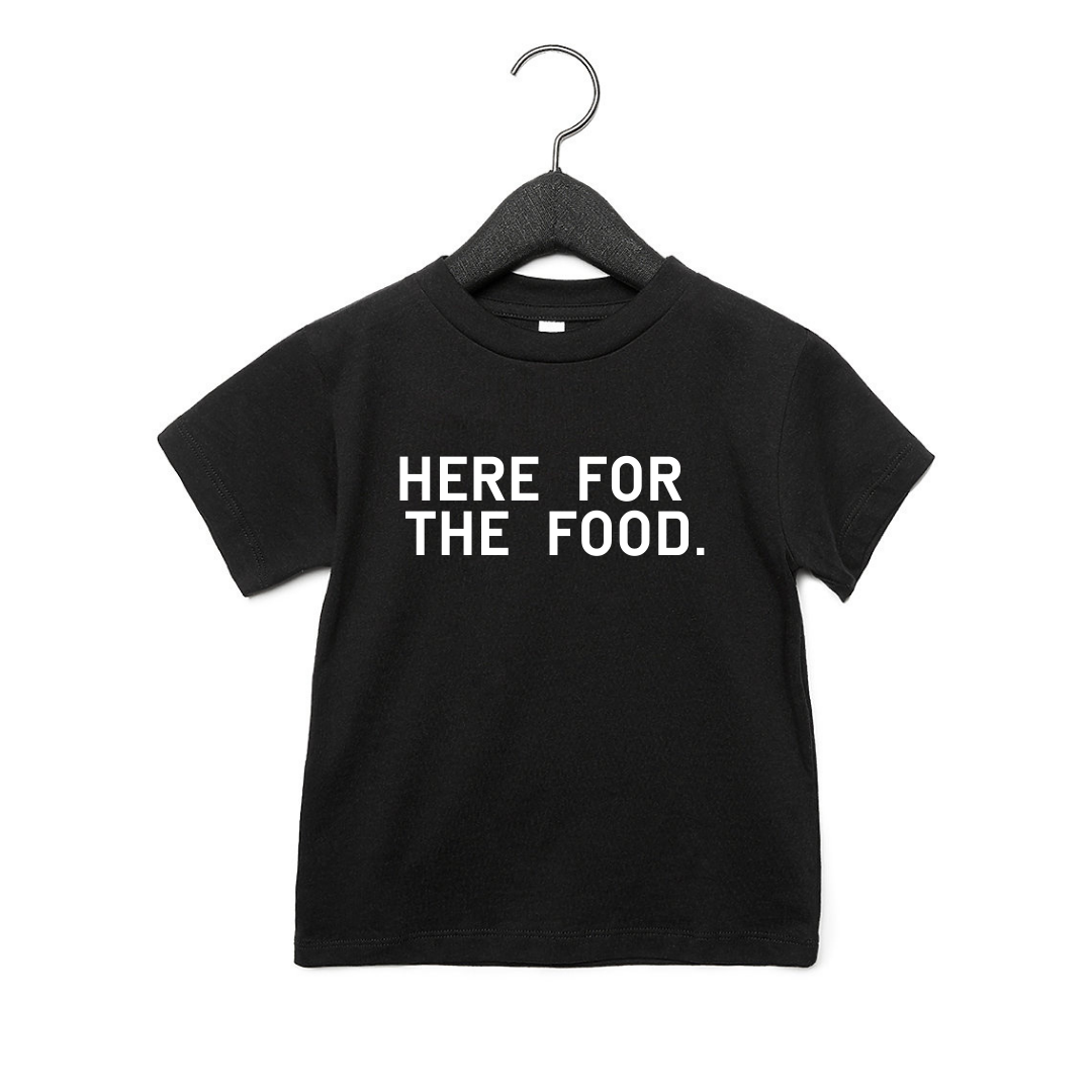 Here For The Food kids graphic tee in black and white
