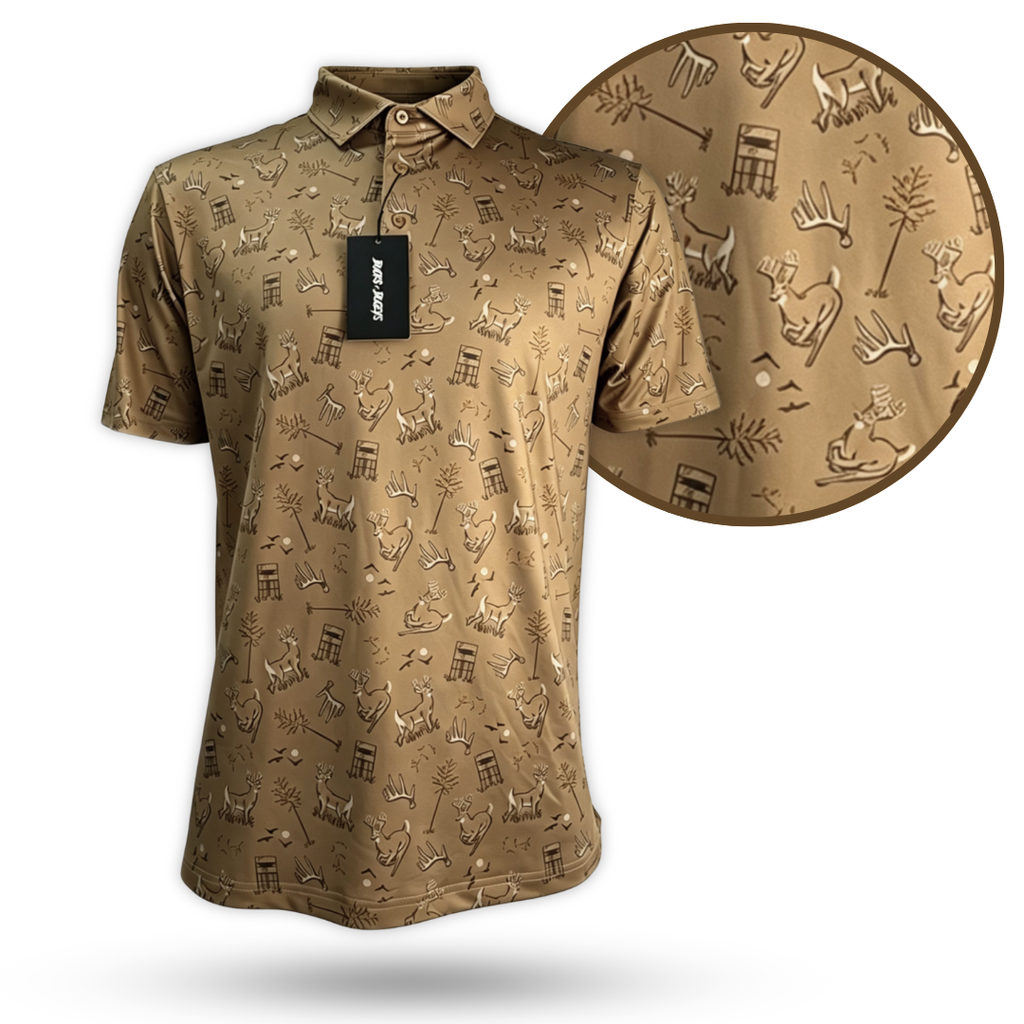 Antler Club tan golf polo with performance moisture-wicking fabric.