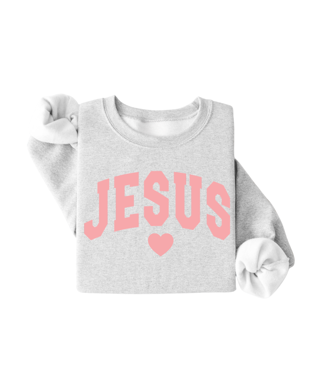 JESUS varsity style sweatshirt available in multiple colors, featuring a heart-inspired Valentine's Day design.