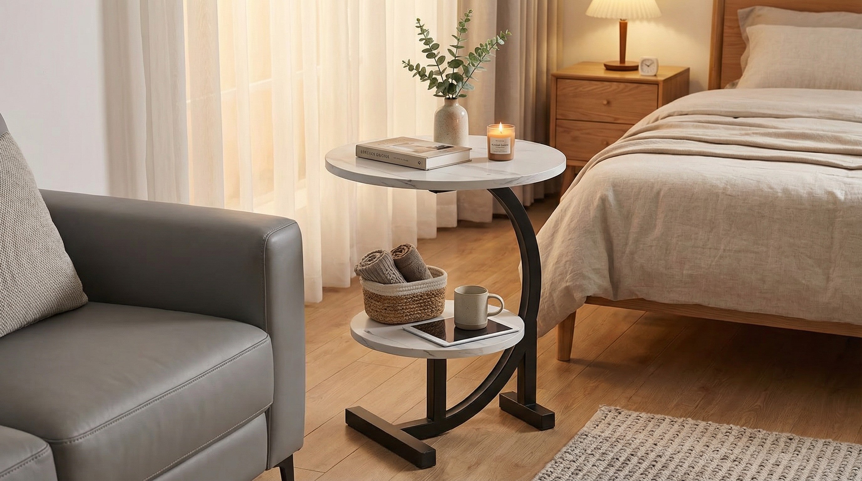 Modern Round Side Table with Wrought Iron Base for Living Room
