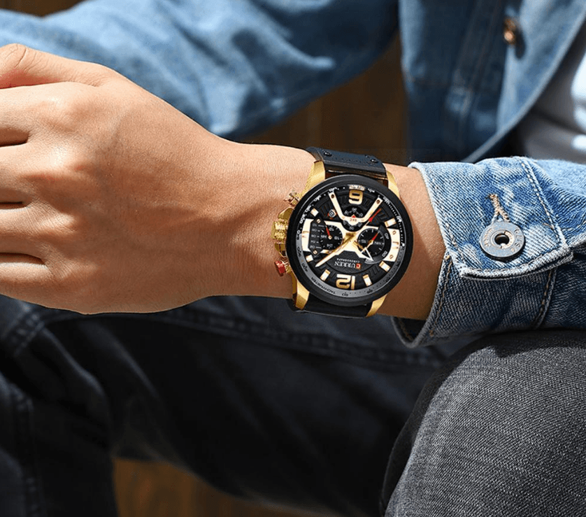 Men's Waterproof Sports Chronograph Watch with Leather Strap