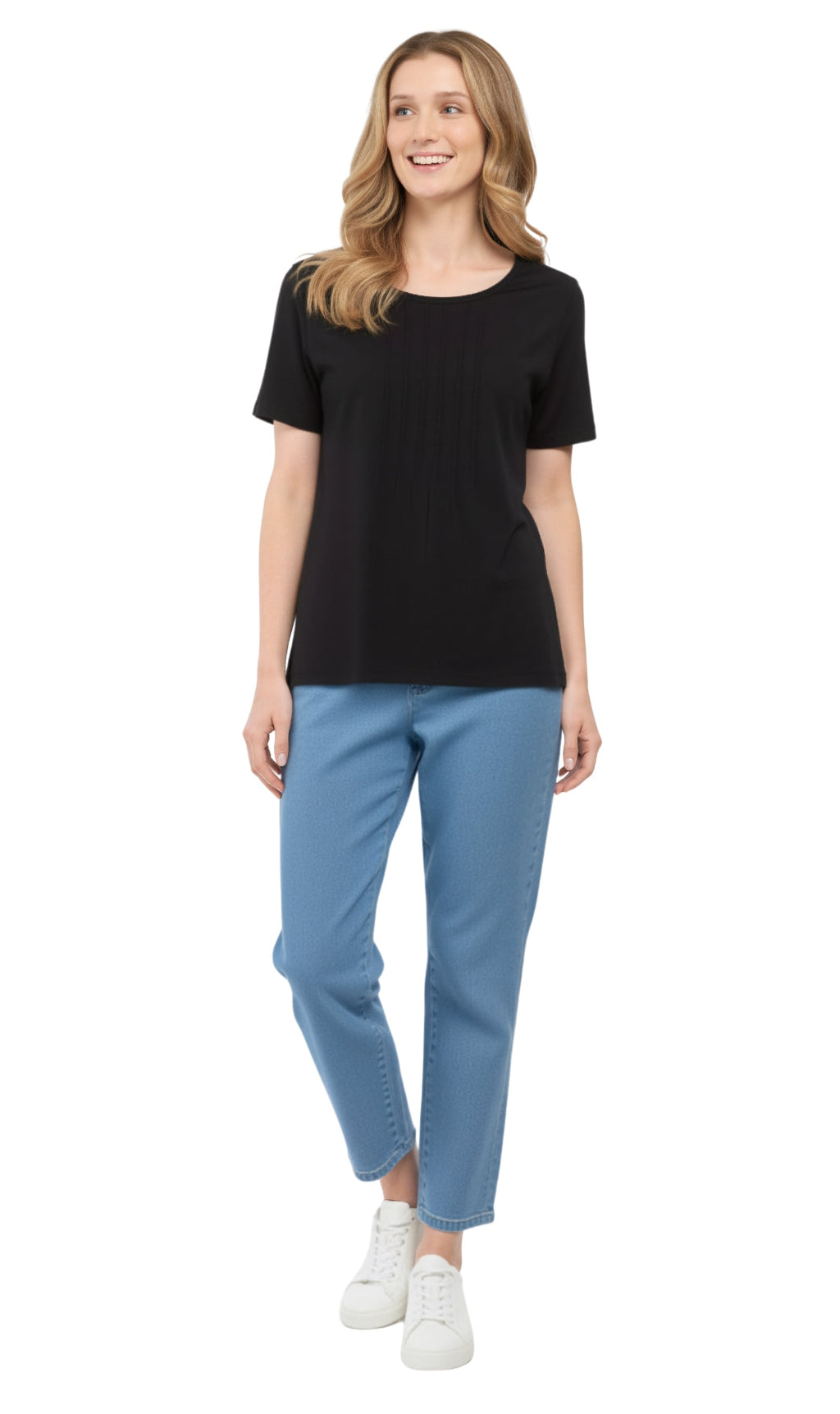 Women's Short Sleeve Pintuck Scoop Neck 100% Cotton Knit T-Shirt