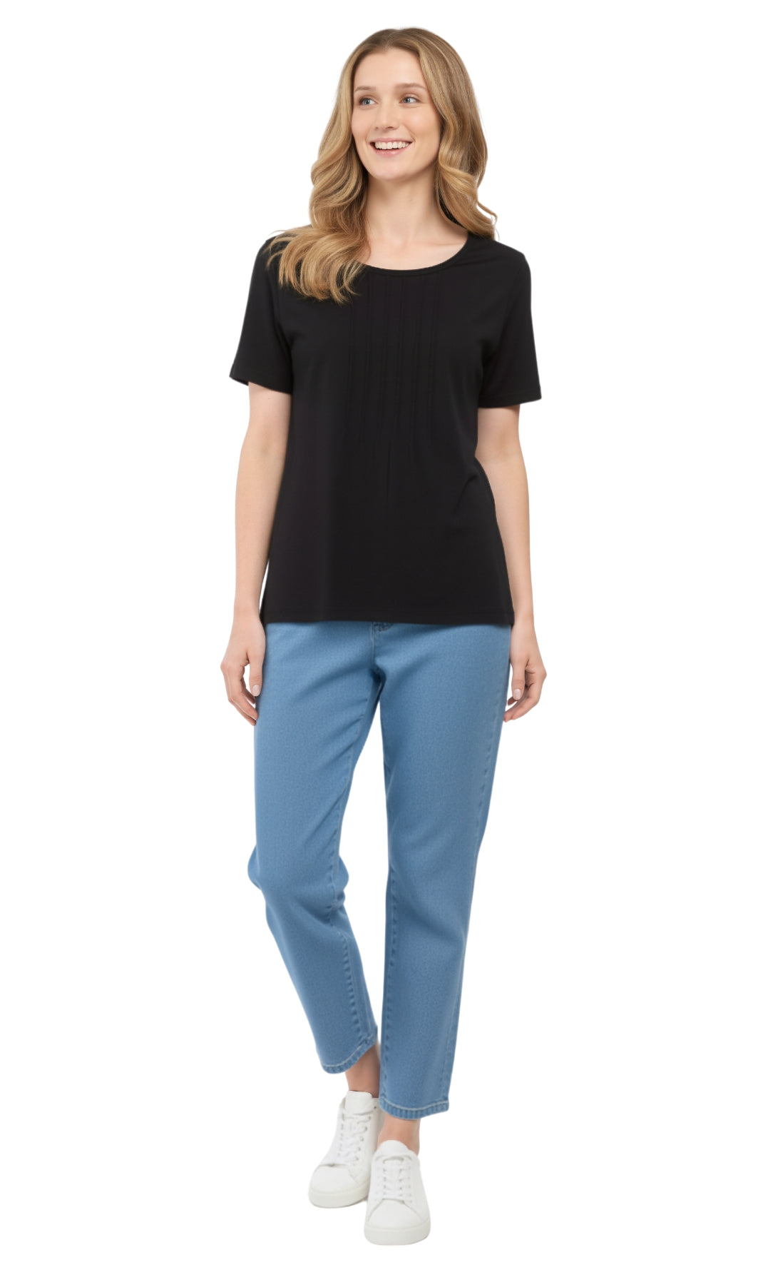 Women's Short Sleeve Pintuck Scoop Neck 100% Cotton Knit T-Shirt - additional view 19