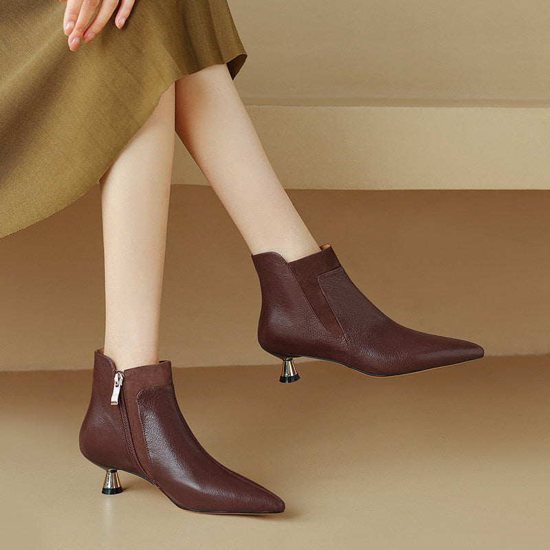 Women's Black Genuine Leather Kitten Heel Ankle Boots Pointed Toe - Image 7