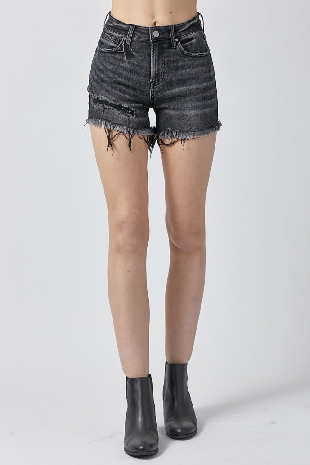 Washed Black Raw Hem Denim Shorts with Distressed Details - Image 5