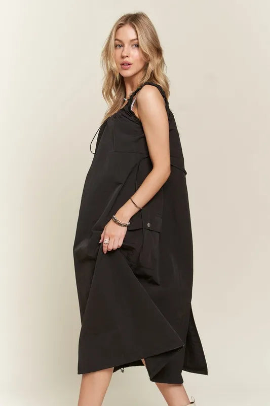 Black Drawstring Slit Back Cargo Summer Dress