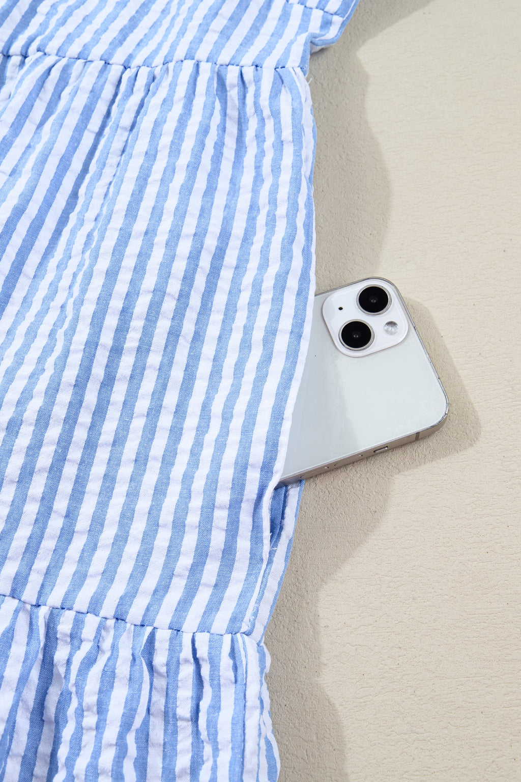 Plus Size Stripe Seersucker Notched Neck Tiered Dress