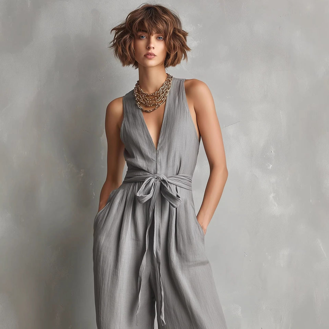 Women's V-Neck Sleeveless Jumpsuit with Waist Tie in Gray - Image 3