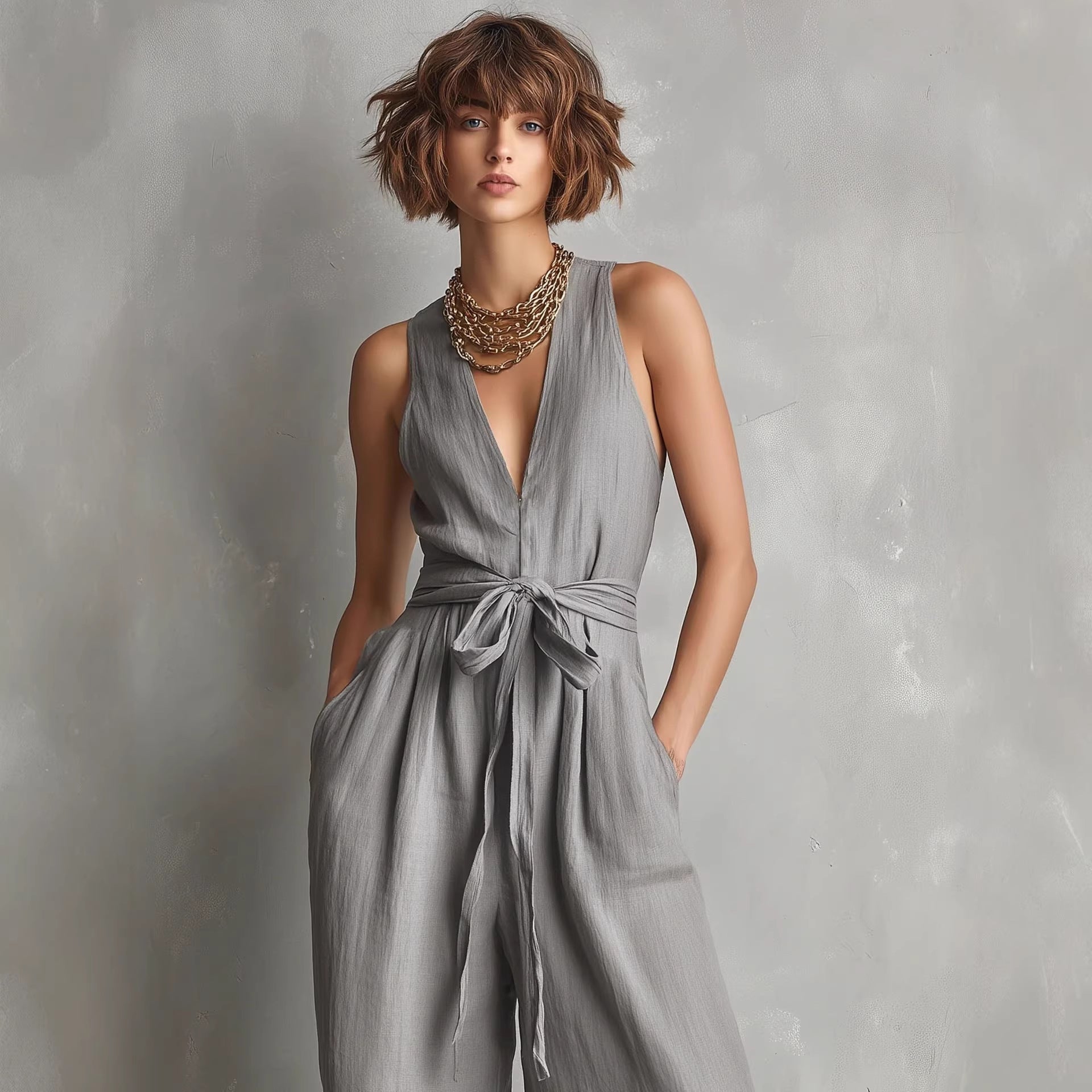 Women's V-Neck Sleeveless Jumpsuit with Waist Tie in Gray - Image 3