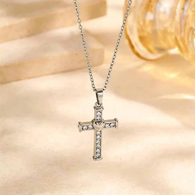 Heart-Shaped Cross Pendant Necklace with Rhinestones in Gold/Silver
