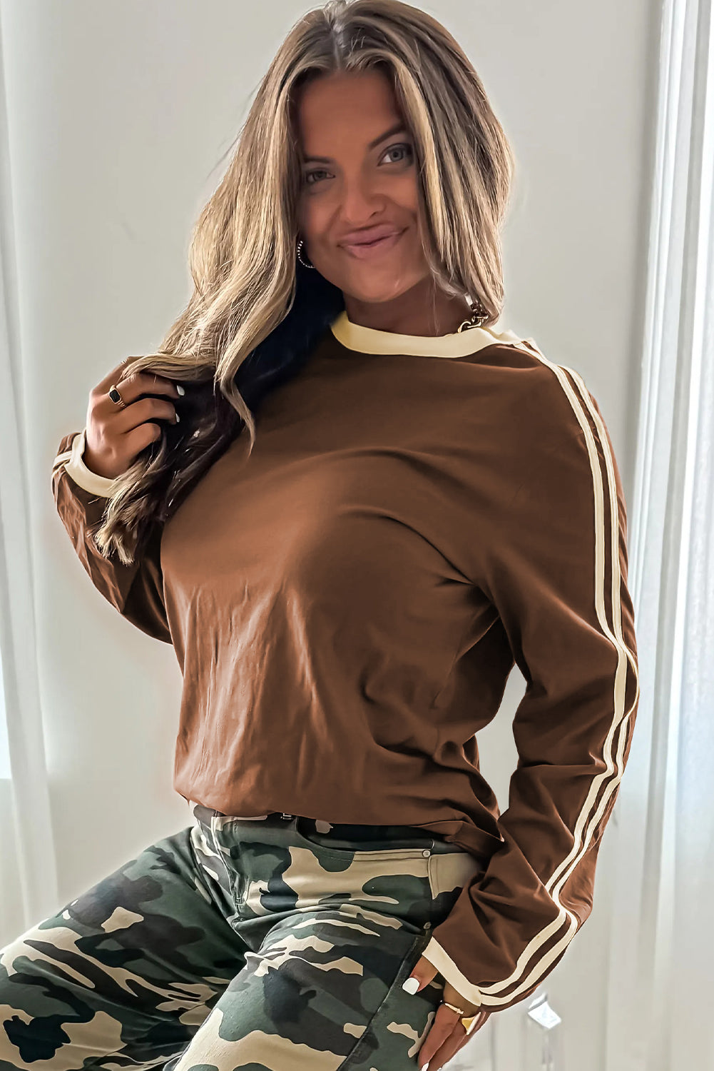 Bright Green Varsity Striped Long Sleeve Crew Neck T-Shirt