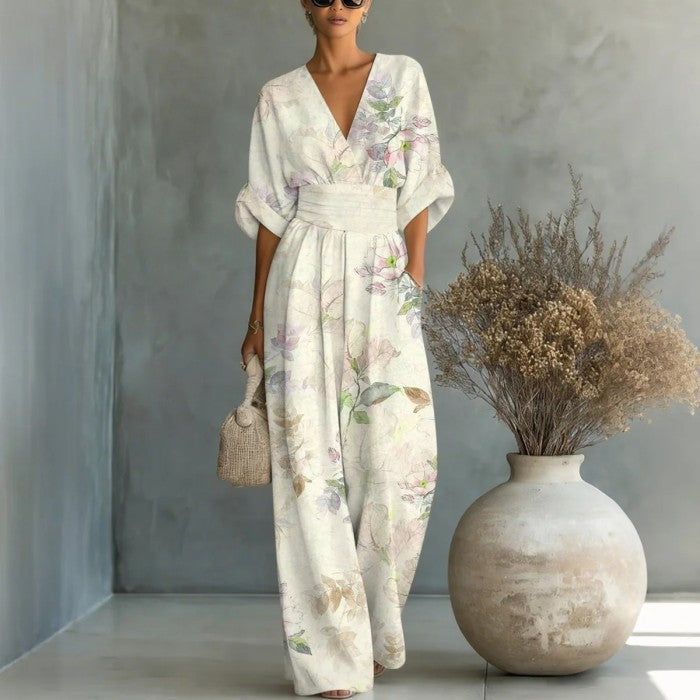 Women's V-Neck Floral Print Wide-Leg Jumpsuit with Cinched Waist - Image 8