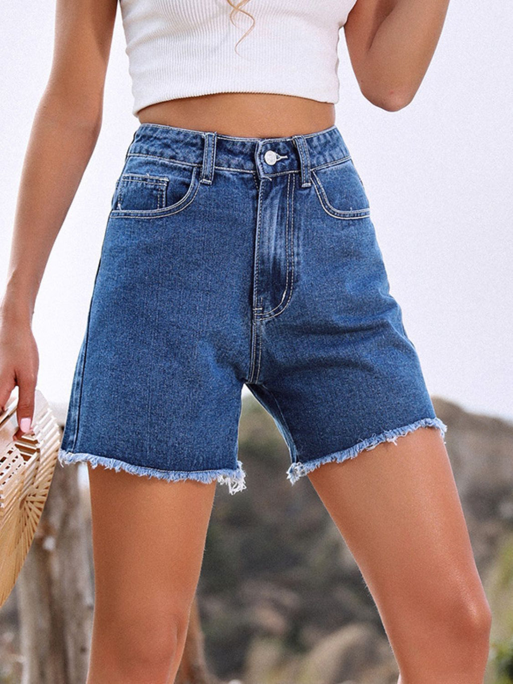 Women's High Waisted Raw Hem Denim Shorts in Washed Black - Image 7