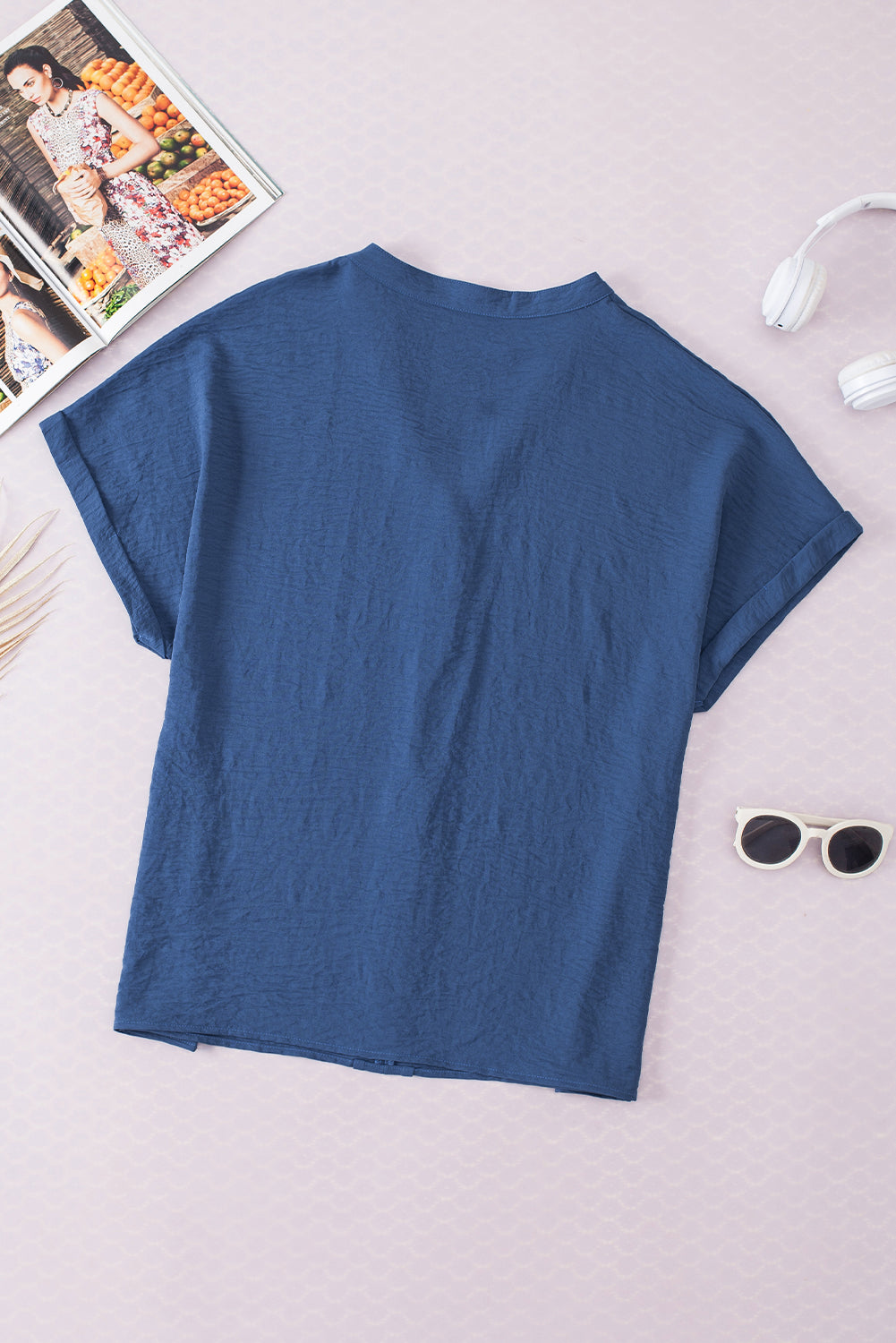 Solid Crinkle Textured Batwing Sleeve V-Neck Blouse in Blue