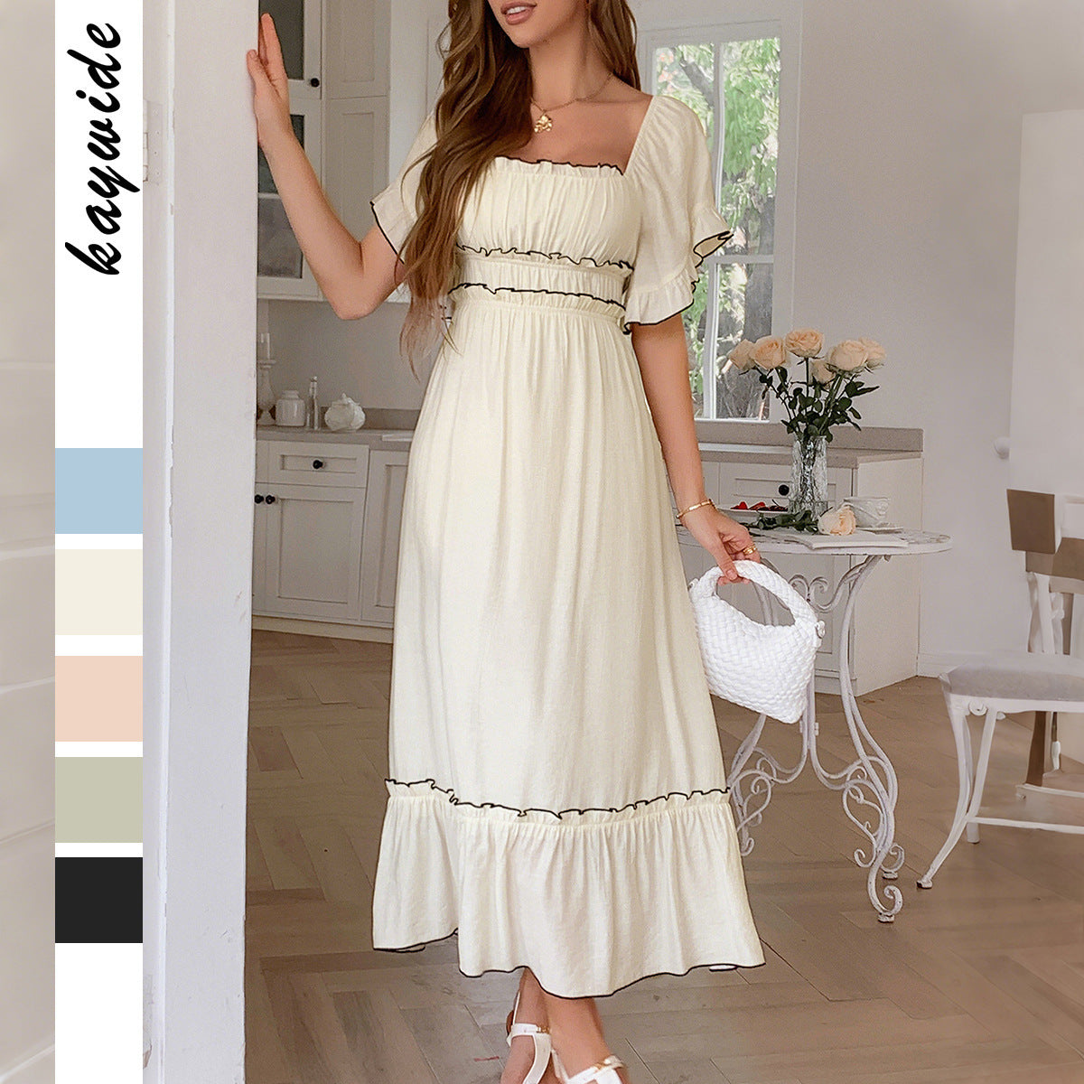 High Waist Mid-Length Stringy Selvedge Vacation Dress