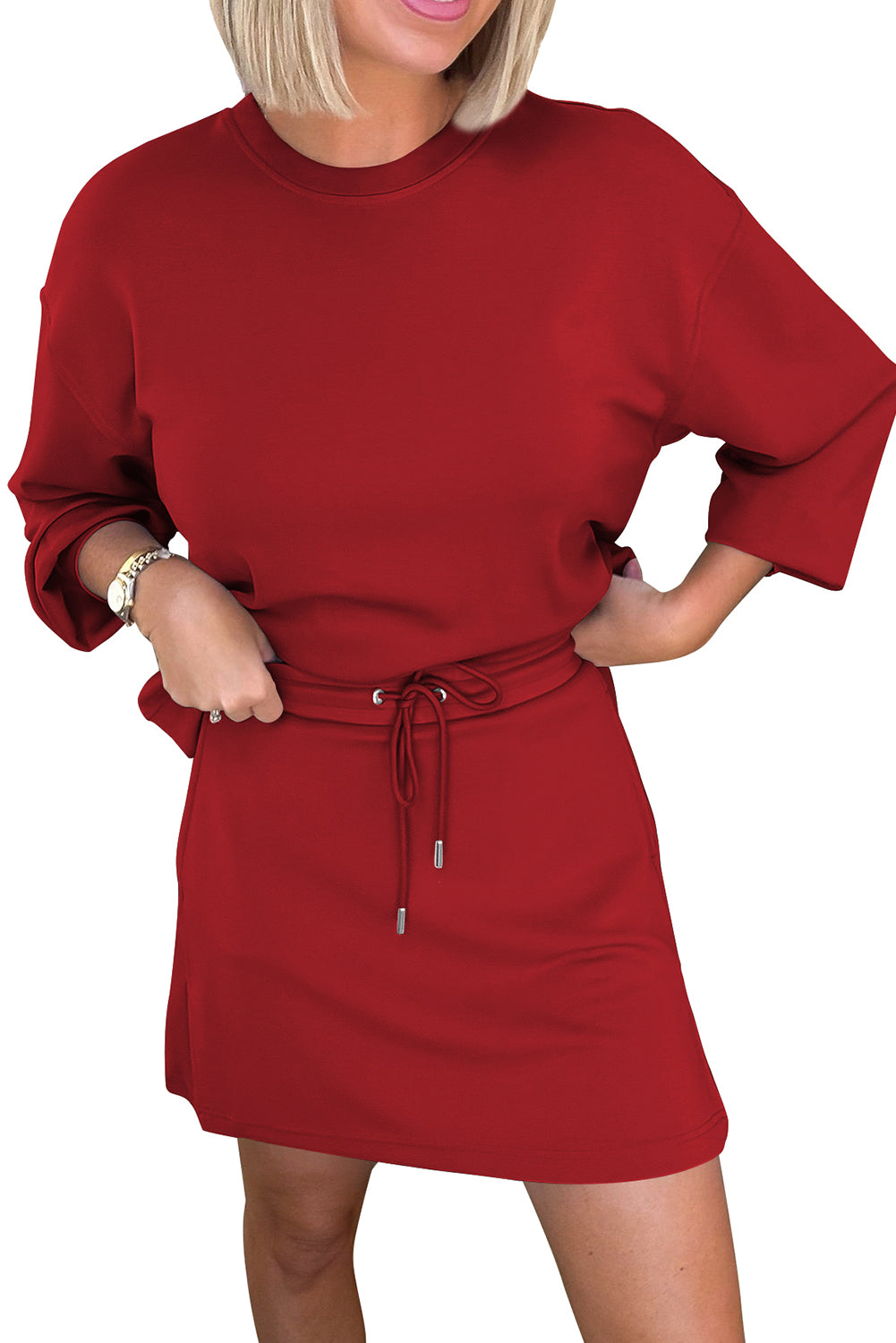 Coffee Solid Color Drop Shoulder Pullover Drawstring Mini Skirt Set