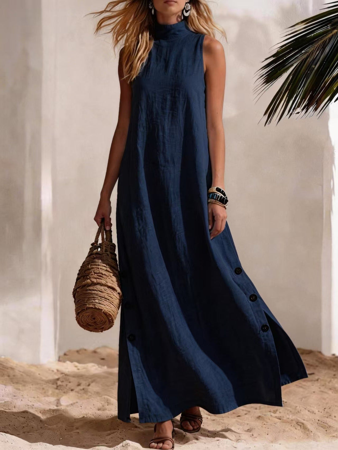 Cotton Linen Sleeveless Midi Dress with Side Slits – Loose Fit
