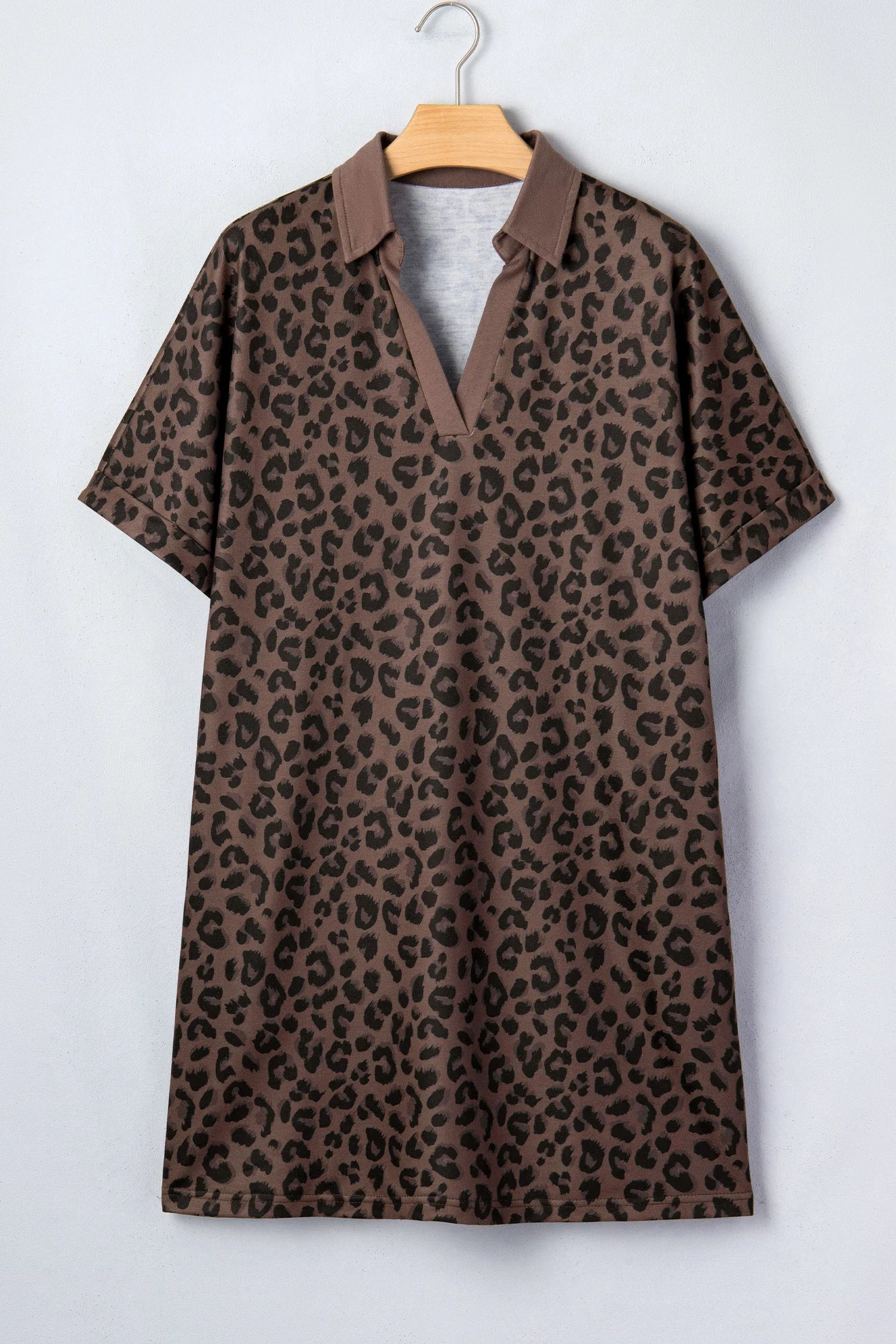 Leopard Contrast Collar V-Neck Mini Dress in Brown and Black