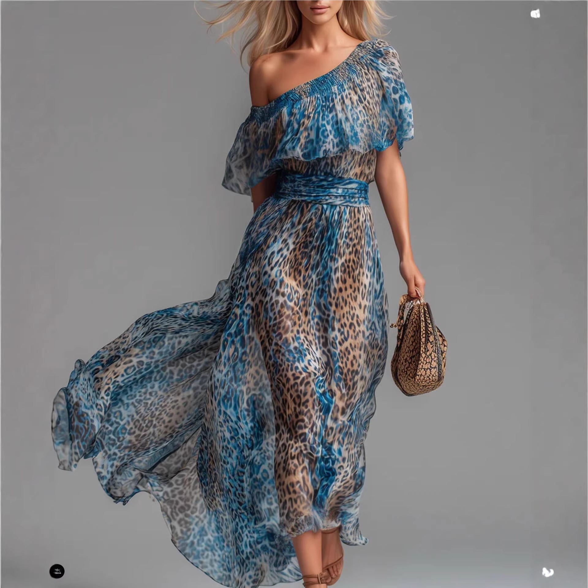 Peacock Blue Leopard Print Chiffon Off-Shoulder Maxi Dress - Image 2