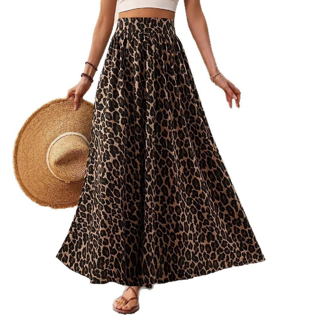 High Waist Leopard Print Midi Skirt - Bohemian Vacation Style