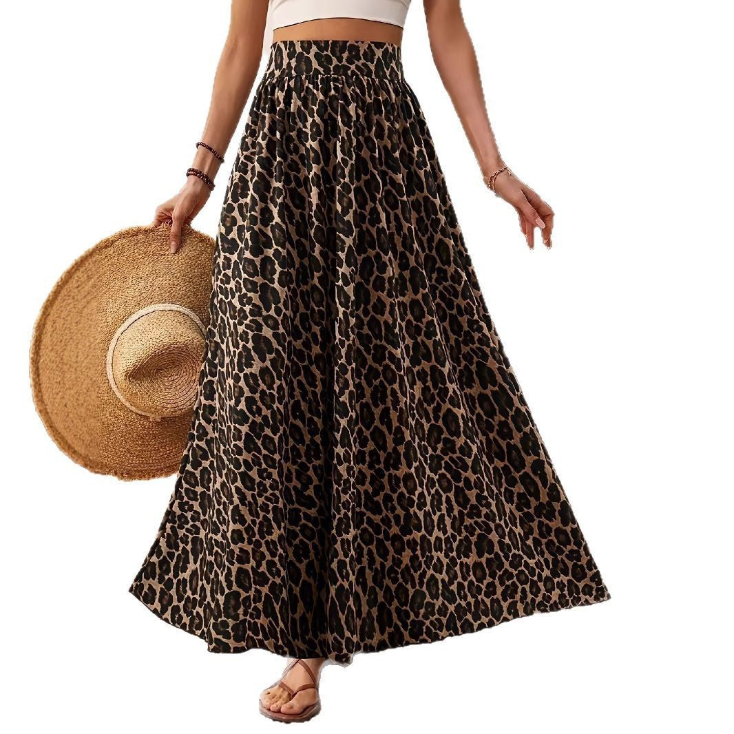High Waist Leopard Print Midi Skirt - Bohemian Vacation Style