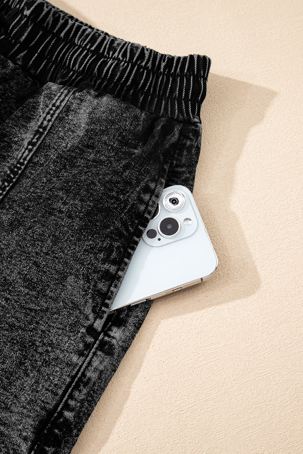 Black Drawstring High Waist Pocketed Denim Shorts